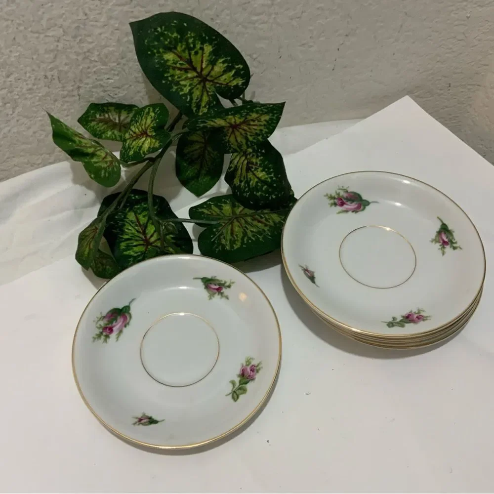 Set of 6 Vintage KYOTO China ROSEVERTE 7312 Saucers Pink Roses Gold Japan K1